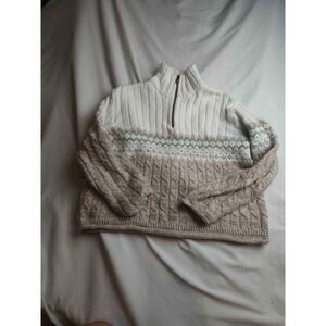 Liz Claiborne Half Zip Sweater Womens Medium Beige Fair Isle Knit Wool Mock Neck